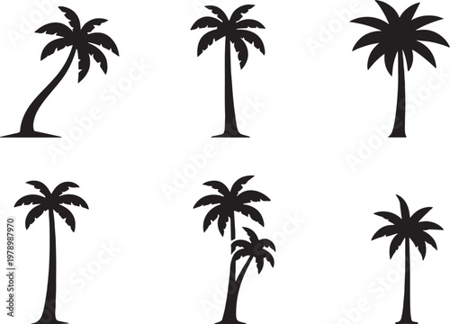 Black palm tree silhouettes bundle tropical curved tall minimal tree set clean vector isolated