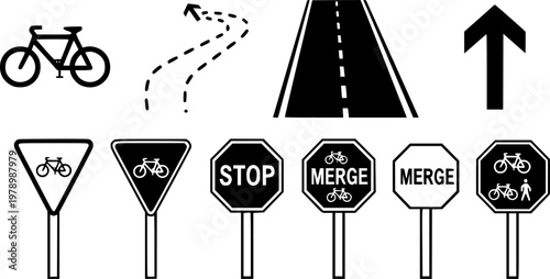 Bicycle lane icon set illustrating cycling route and road symbols
