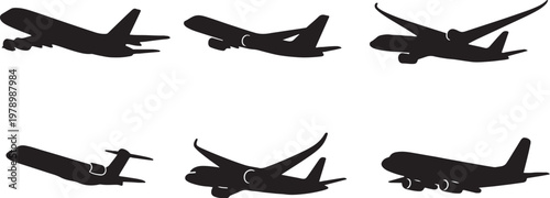 Black passenger airplane silhouettes bundle