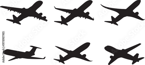 Black passenger airplane silhouettes bundle wide body narrow body jet aircraft set clean vector isolated