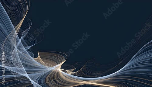 Abstract Dark Blue Background with Dynamic Golden Wave Lines and Silk Smoke Texture, Sophisticated Premium Frame Design for Corporate Backdrop