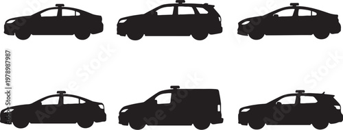 Black police car silhouettes bundle sedan SUV interceptor patrol vehicle set clean vector isolated