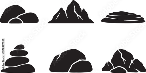 Black rock silhouettes bundle boulder stone shapes set clean vector isolated minimal design
