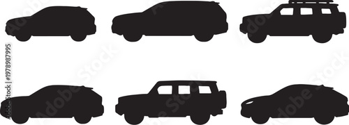 Black SUV silhouettes bundle compact luxury off road vehicle set clean vector isolated shapes