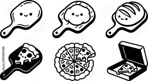 Black and white cute pizza icons with slices and dough on paddles