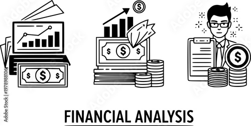Financial analysis and budgeting icons for investing and money management

