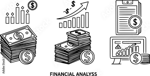 Financial analysis and budgeting icons for investing and money management
