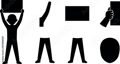 Black silhouette of person holding blank sign vector art with separate limbs and head