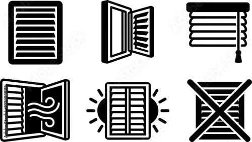 Black and white window shutters and blinds icon set with open closed and crossed styles