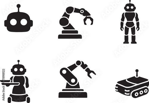 AI robot hardware silhouette, robotic components, industrial robot, humanoid robot, robot arm, automation system set