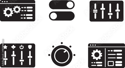 AI control panel UI silhouette, settings panel, toggle switch, slider control, configuration system, dashboard icon set