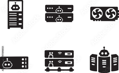 AI server hardware silhouette, server rack, data center, GPU unit, storage system, network server icon set