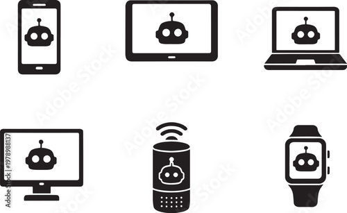 AI device icons silhouette, smartphone tablet laptop desktop smart speaker wearable, artificial intelligence device set