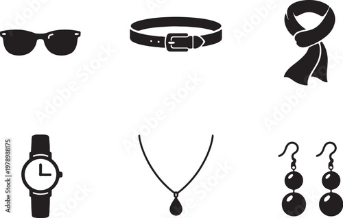 Accessories Collection Silhouette Set Sunglasses Belt Scarf Watch Necklace Earrings Fashion Icons