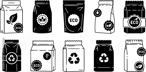 Eco packaging icons: sustainable cardboard package designs with eco seal
