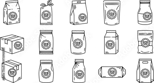 Eco packaging icons: sustainable cardboard package designs with eco seal
