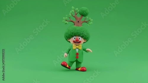 Environmental Cartoon Clown Character with Tree on Head and Green Suit