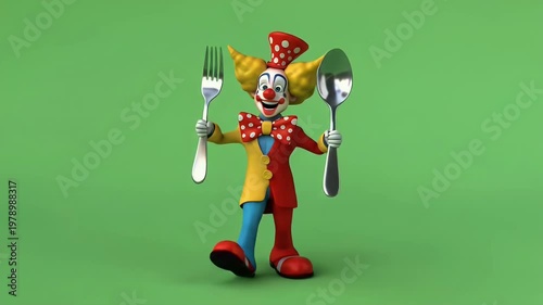 Hungry Cartoon Clown Character Holding Giant Fork and Spoon