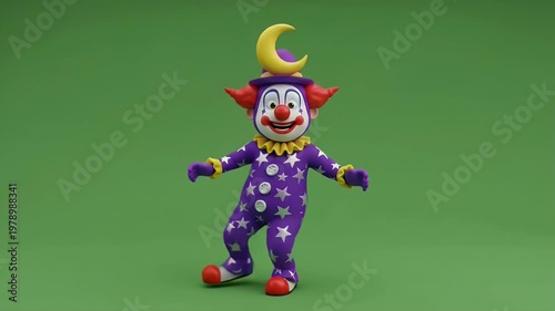 Whimsical Cartoon Clown in Starry Purple Suit and Crescent Moon Hat
