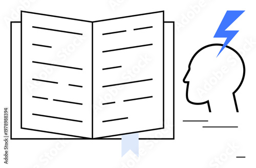 Education, knowledge, learning processes, inspiration, mental clarity, self-improvement. Open book with visible text and a head silhouette with lightning bolt. Knowledge and education visually