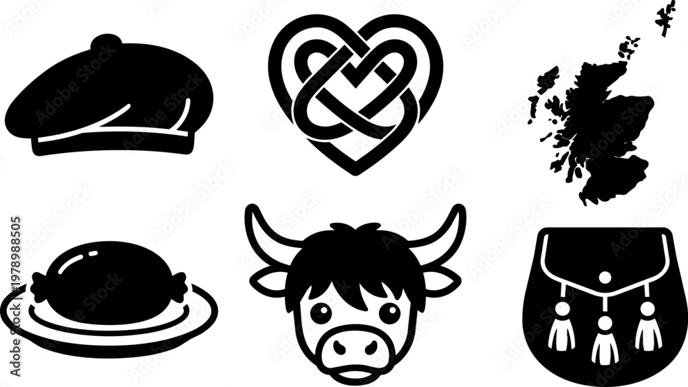 Fototapeta premium Black and white scottish icons set with beret haggis heart knot highland cow map and sporran