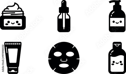 Black and white facial skincare product icons with smiling faces in flat design