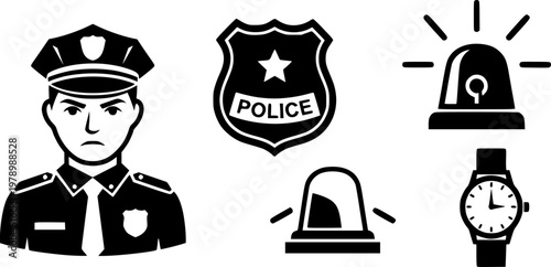 Police and security icons including officer, badge, siren, and watch
