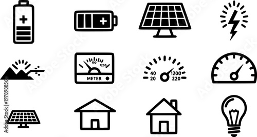 Renewable energy icons: battery, solar panel, meter, speedometer, house, light bulb
