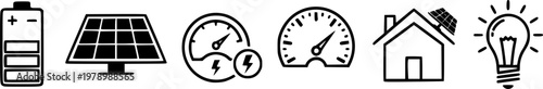Renewable energy icons: battery, solar panel, meter, speedometer, house, light bulb
