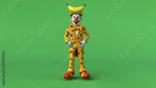 Playful Cartoon Clown Walking in Starry Yellow Suit with Banana Hat
