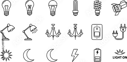Set of black line icons representing various lighting equipment and symbols
