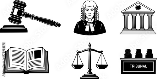 Legal icons set: gavel, judge, courthouse, law book, scales of justice, tribunal
