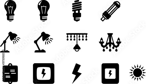 Set of black line icons representing various lighting equipment and symbols
