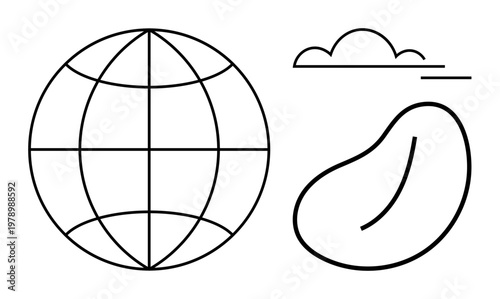 Global connectivity, environmental concepts, abstract design, minimalism, modern illustration, creative . Globe, cloud and abstract form in simple black outlines. Global connectivity