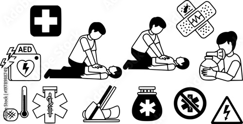 Cpr techniques and first aid symbols for emergency response
