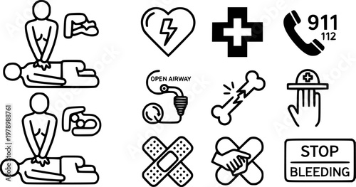 Cpr techniques and first aid symbols for emergency response
