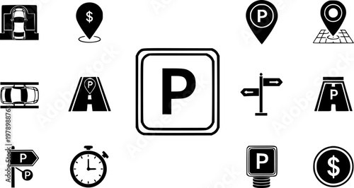 Car parking icon set with location and sign symbols
