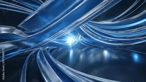 A futuristic abstract background of blue and silver flowing shapes and lines, crisp metallic reflections and gradient contrasts creating a luminous and structured composition, smooth motion across a