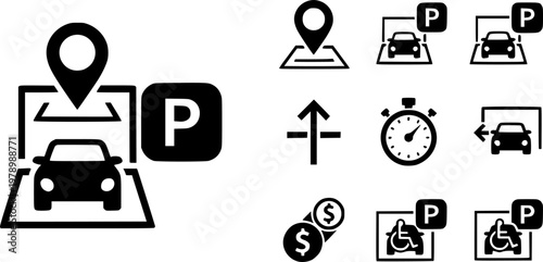 Car parking icon set with location and sign symbols
