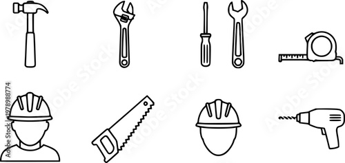 Outline icons of construction tools and worker with hard hat
