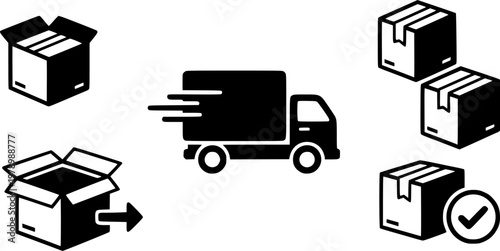 Simple icon set of boxes and delivery truck illustration

