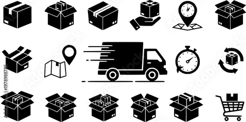 Simple icon set of boxes and delivery truck illustration
