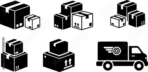 Simple icon set of boxes and delivery truck illustration
