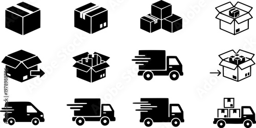 Simple icon set of boxes and delivery truck illustration
