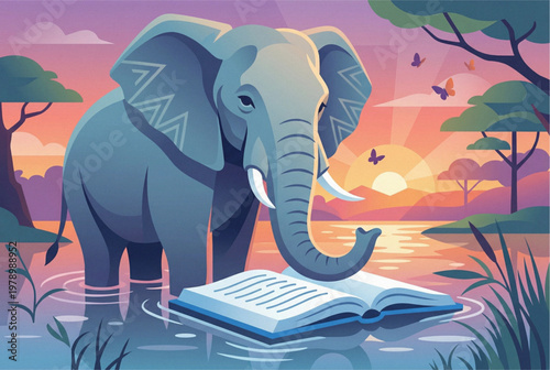 An elephant reads a book by the water at sunset - a creative illustration of learning and wisdom