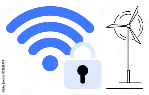Cybersecurity, renewable energy, communication networks, smart grids, encryption, eco-friendly technology. wireless symbol, padlock wind turbine. Cybersecurity and renewable energy visually