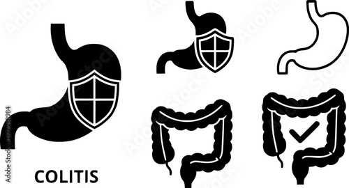 Colitis intestine icon set. Stomach with protected health sign. Check health bowel symbol for medical design. Vector illustration.
