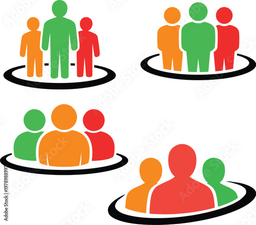 A modern and colorful people icon set featuring group silhouettes representing teamwork, community, collaboration, and social connection. These clean flat designs are ideal for business, social networ