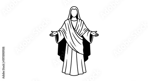 A line drawing of a woman in a robe with her arms outstretched.