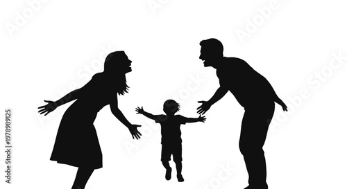 Silhouette of a happy family, a mother and father with their young child running towards them with open arms, symbolizing love and togetherness.
